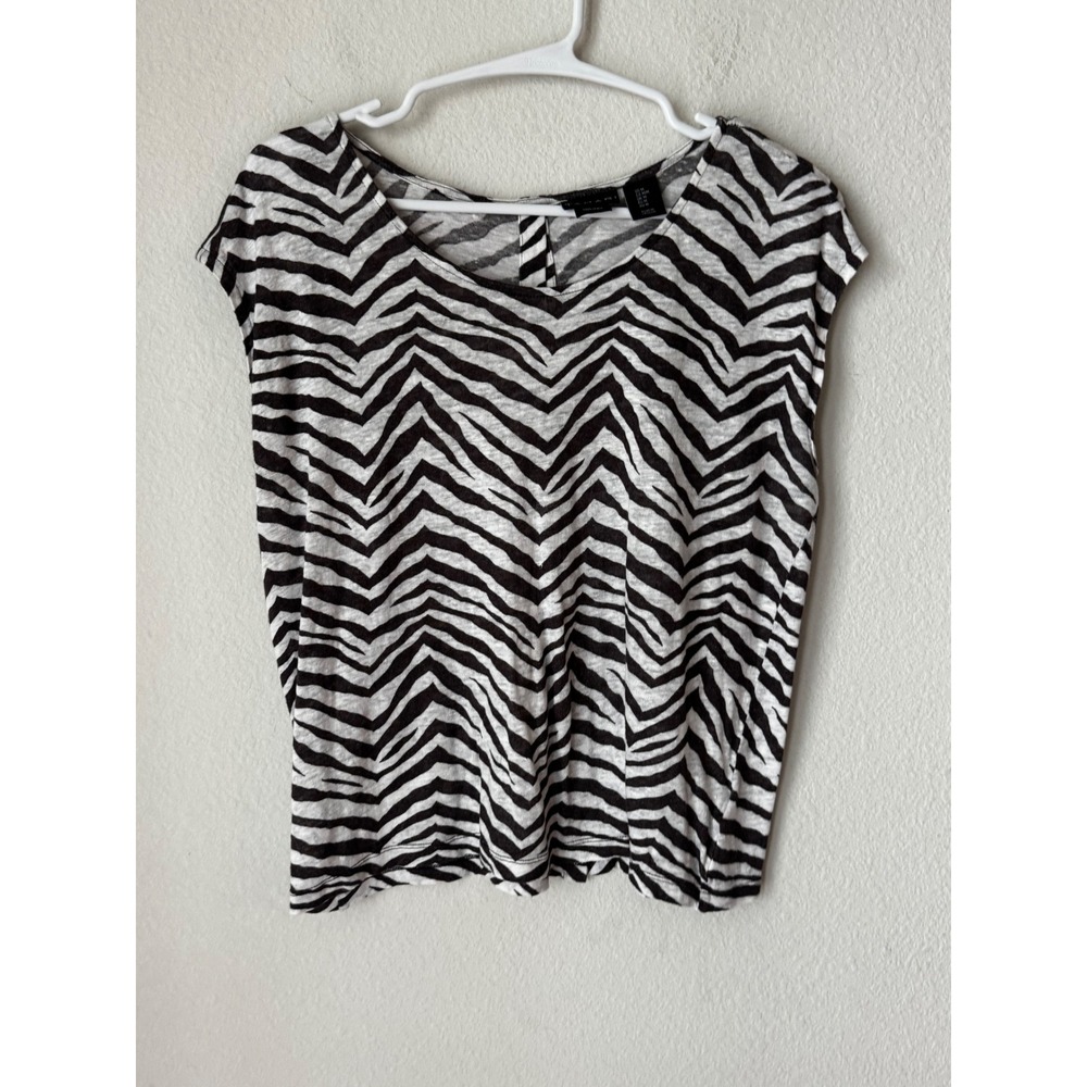 Tahari Womens Medium Black White Zebra Stripe 100% Linen Sleeveless Knit Top